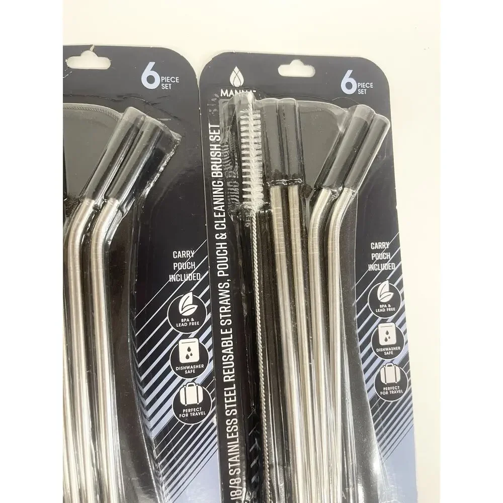 (2) Set of‎ 6 Stainless Steel Reusable Straw Pouch & Cleaning Brush Set BLACK